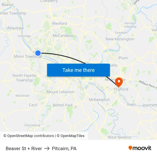 Beaver St + River to Pitcairn, PA map