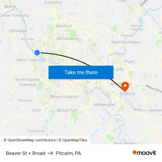 Beaver St + Broad to Pitcairn, PA map