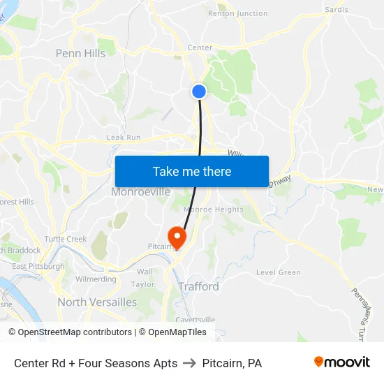 Center Rd + Four Seasons Apts to Pitcairn, PA map