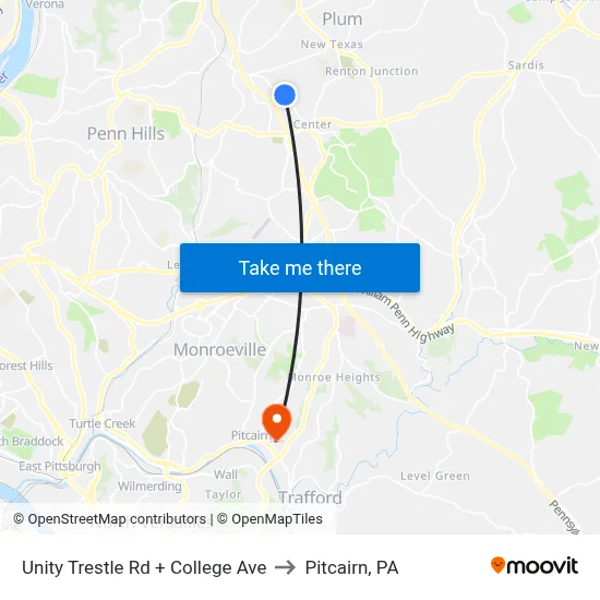 Unity Trestle Rd + College Ave to Pitcairn, PA map