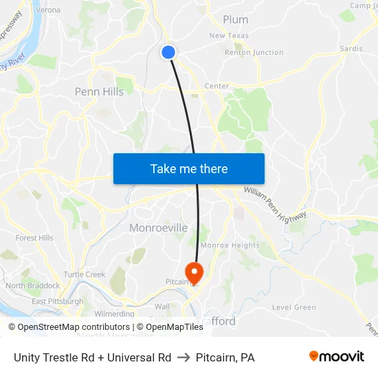 Unity Trestle Rd + Universal Rd to Pitcairn, PA map