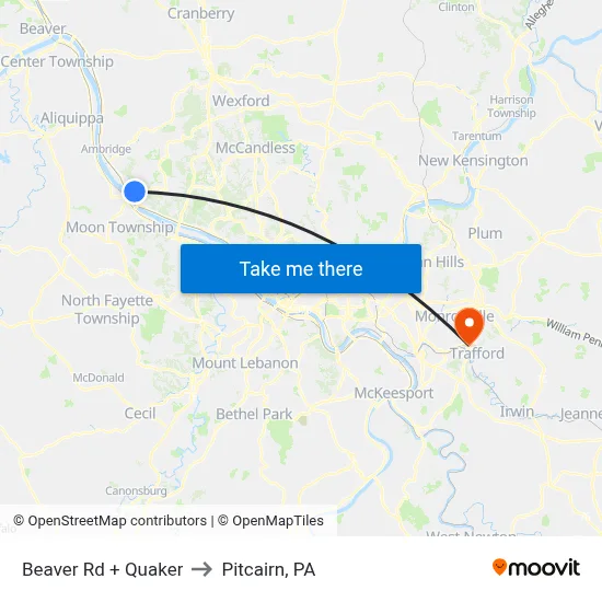 Beaver Rd + Quaker to Pitcairn, PA map