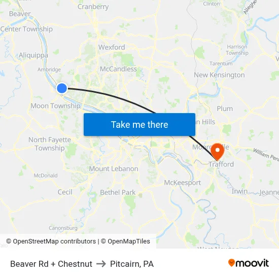 Beaver Rd + Chestnut to Pitcairn, PA map