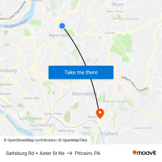 Saltsburg Rd + Aster St Ns to Pitcairn, PA map
