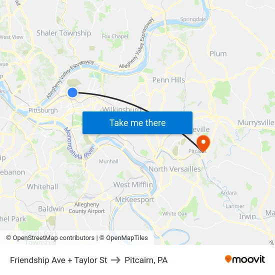Friendship Ave + Taylor St to Pitcairn, PA map
