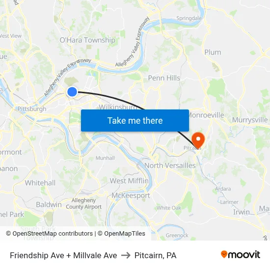 Friendship Ave + Millvale Ave to Pitcairn, PA map