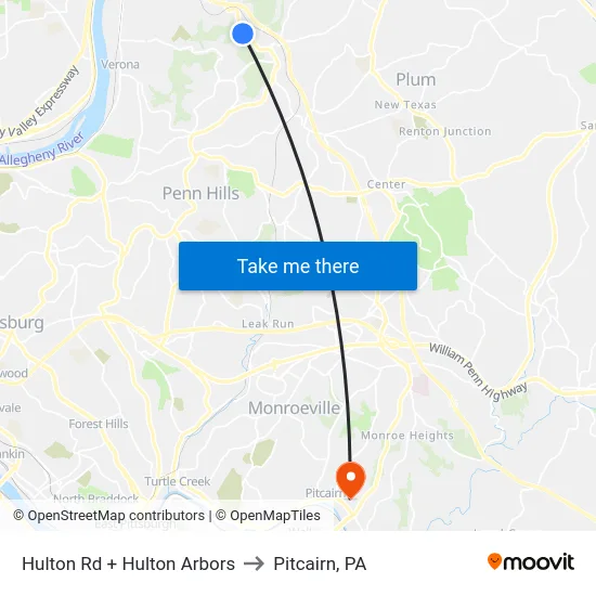 Hulton Rd + Hulton Arbors to Pitcairn, PA map