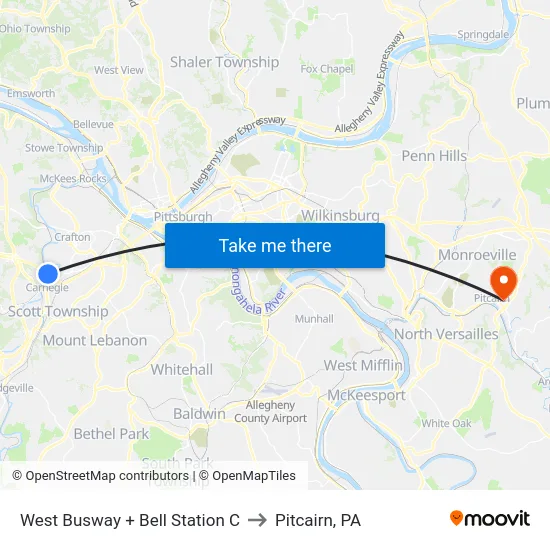 West Busway + Bell Station C to Pitcairn, PA map