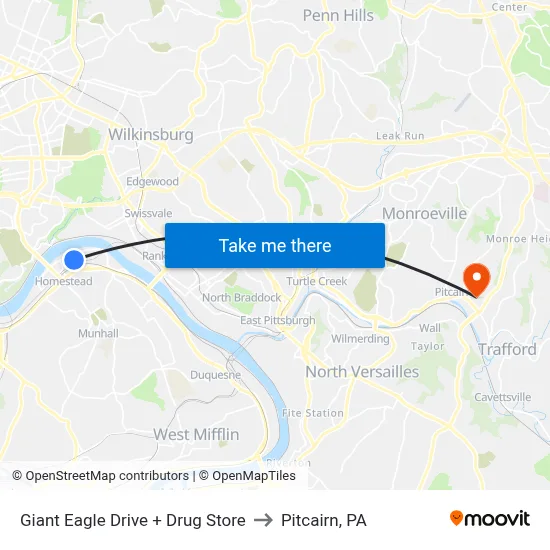 Giant Eagle Drive + Drug Store to Pitcairn, PA map