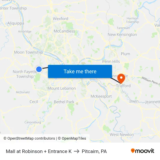 Mall at Robinson + Entrance K to Pitcairn, PA map