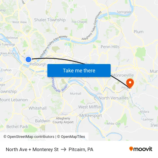 North Ave + Monterey St to Pitcairn, PA map