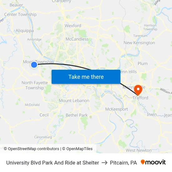 University Blvd Park And Ride at Shelter to Pitcairn, PA map