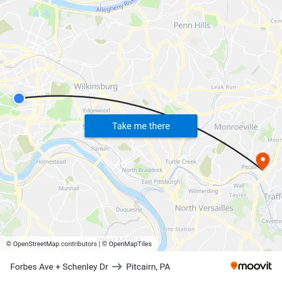 Forbes Ave + Schenley Dr to Pitcairn, PA map