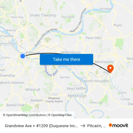 Grandview Ave + #1209 (Duquesne Incline) to Pitcairn, PA map