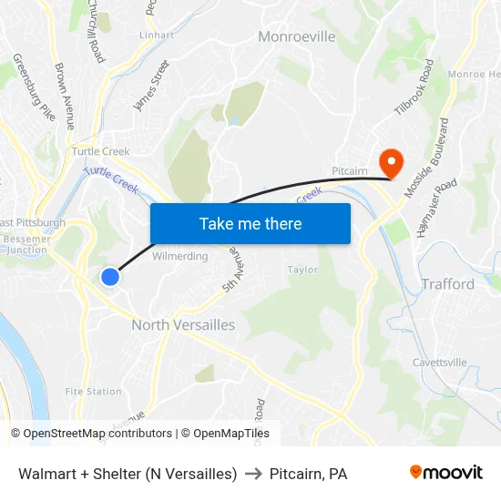 Walmart + Shelter (N Versailles) to Pitcairn, PA map