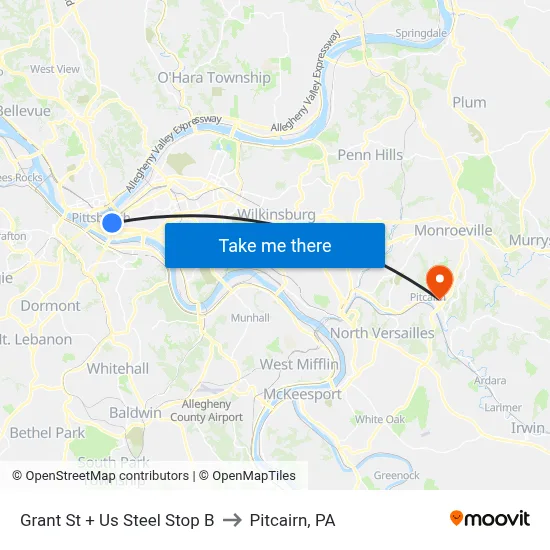 Grant St + Us Steel Stop B to Pitcairn, PA map