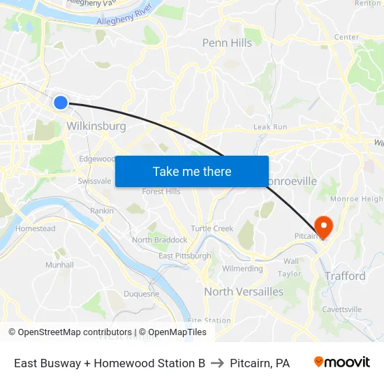 East Busway + Homewood Station B to Pitcairn, PA map
