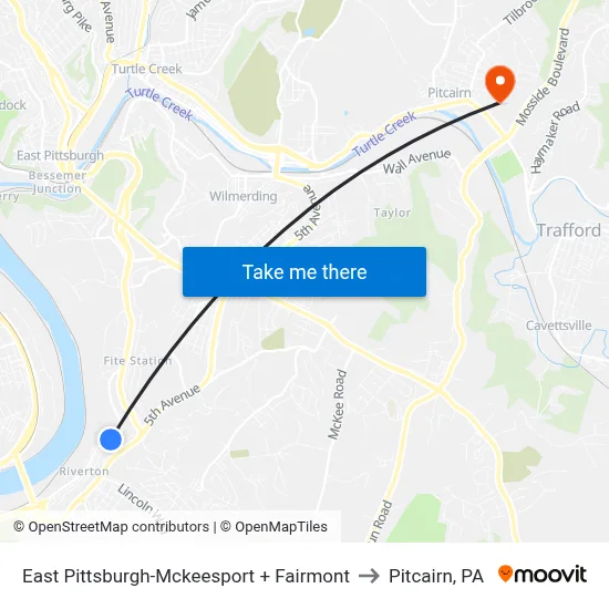 East Pittsburgh-Mckeesport + Fairmont to Pitcairn, PA map