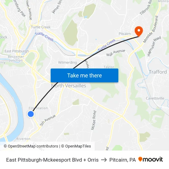 East Pittsburgh-Mckeesport Blvd + Orris to Pitcairn, PA map