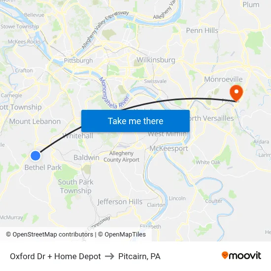 Oxford Dr + Home Depot to Pitcairn, PA map