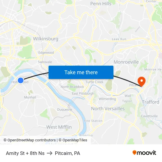 Amity St + 8th Ns to Pitcairn, PA map