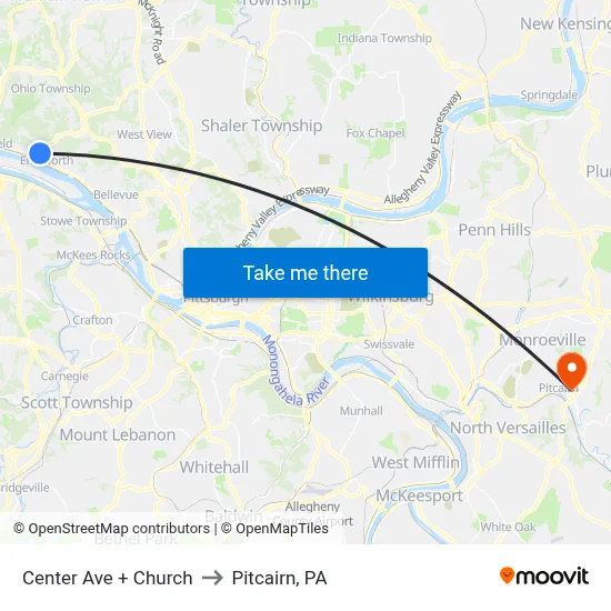 Center Ave + Church to Pitcairn, PA map