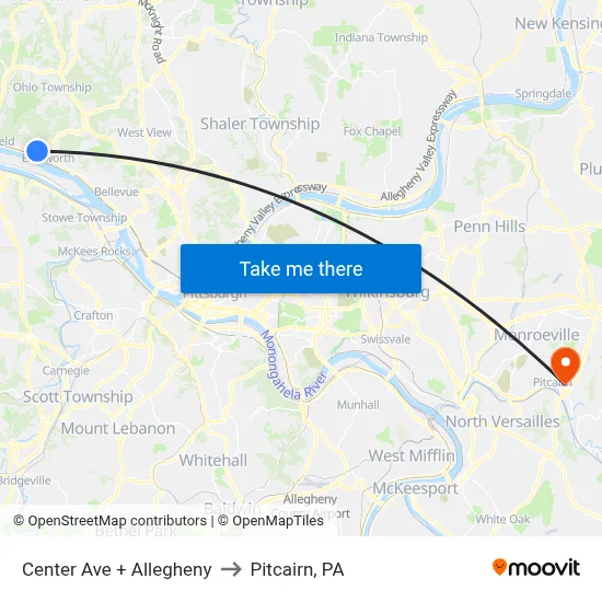 Center Ave + Allegheny to Pitcairn, PA map