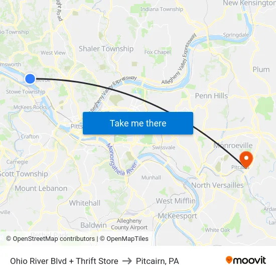 Ohio River Blvd + Thrift Store to Pitcairn, PA map