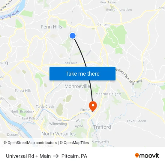 Universal Rd + Main to Pitcairn, PA map