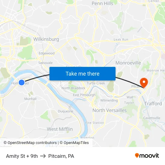 Amity St + 9th to Pitcairn, PA map
