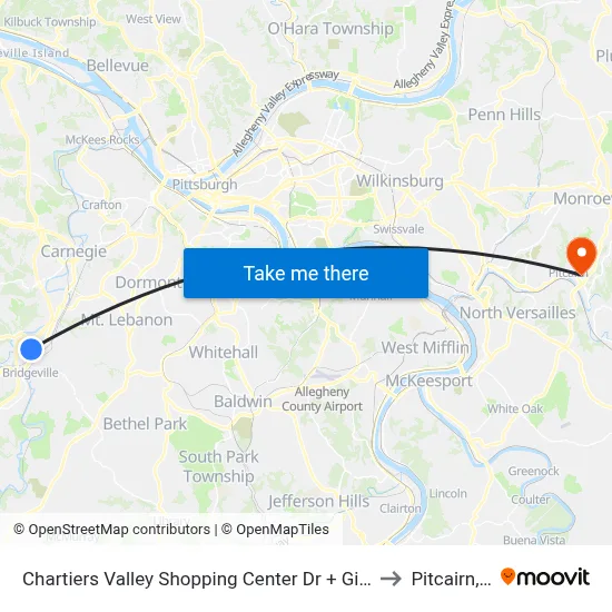 Chartiers Valley Shopping Center Dr + Giant Eagle to Pitcairn, PA map