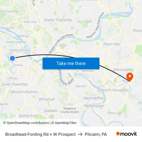 Broadhead-Fording Rd + W Prospect to Pitcairn, PA map