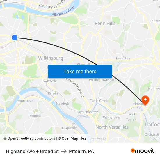 Highland Ave + Broad St to Pitcairn, PA map