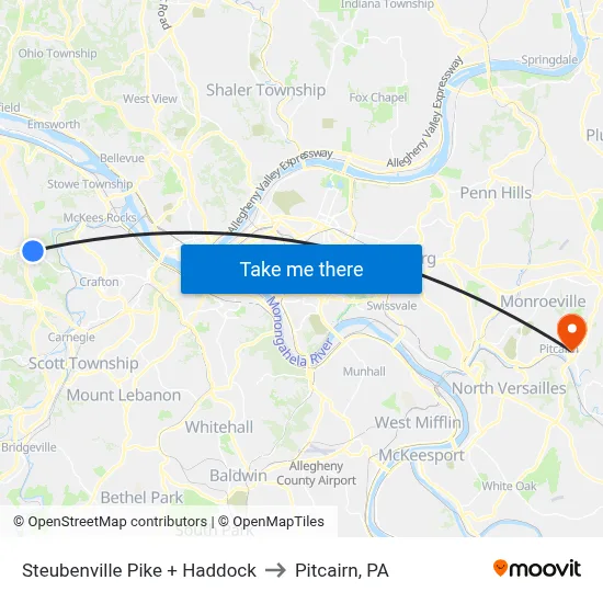 Steubenville Pike + Haddock to Pitcairn, PA map