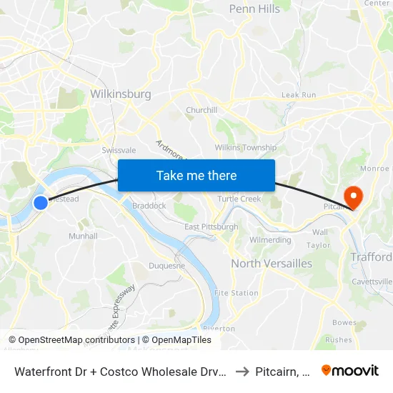 Waterfront Dr + Costco Wholesale Drvwy to Pitcairn, PA map