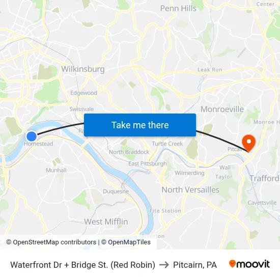Waterfront Dr + Bridge St. (Red Robin) to Pitcairn, PA map