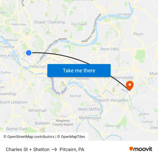 Charles St + Shelton to Pitcairn, PA map