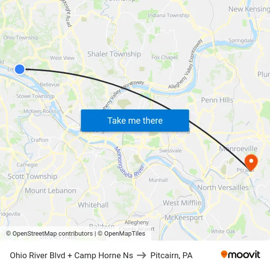 Ohio River Blvd + Camp Horne Ns to Pitcairn, PA map
