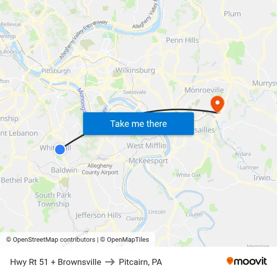 Hwy Rt 51 + Brownsville to Pitcairn, PA map