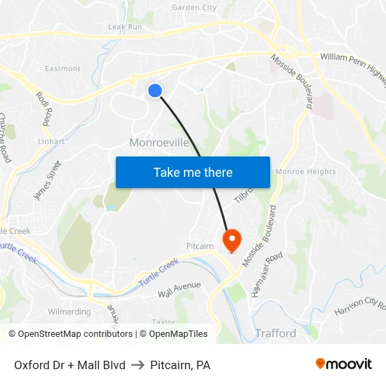 Oxford Dr + Mall Blvd to Pitcairn, PA map