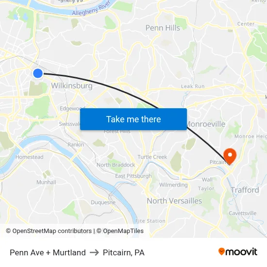 Penn Ave + Murtland to Pitcairn, PA map