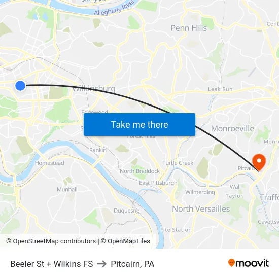 Beeler St + Wilkins FS to Pitcairn, PA map