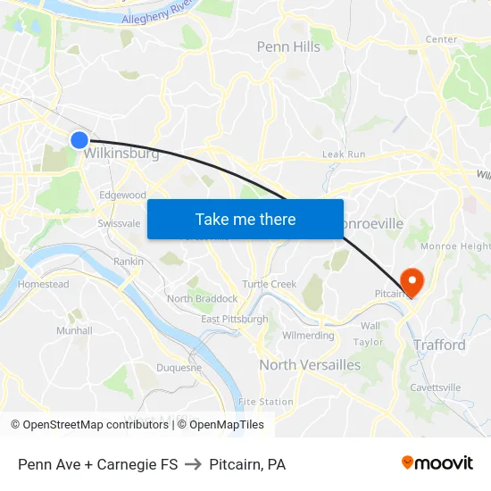 Penn Ave + Carnegie FS to Pitcairn, PA map