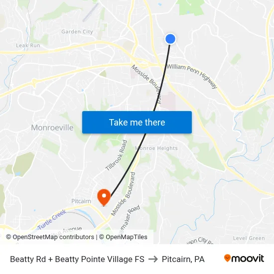 Beatty Rd + Beatty Pointe Village FS to Pitcairn, PA map