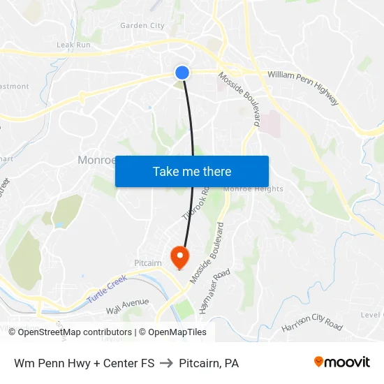 Wm Penn Hwy + Center FS to Pitcairn, PA map
