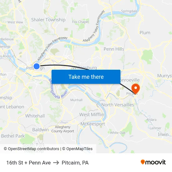 16th St + Penn Ave to Pitcairn, PA map