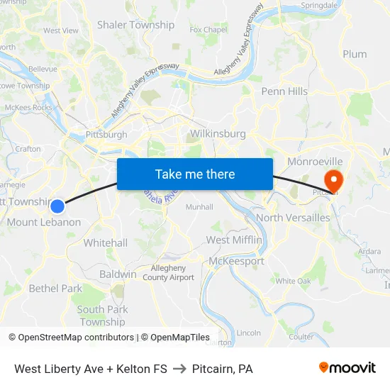 West Liberty Ave + Kelton FS to Pitcairn, PA map
