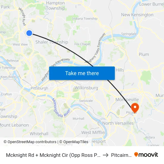 Mcknight Rd + Mcknight Cir (Opp Ross Park Mall Dr) to Pitcairn, PA map