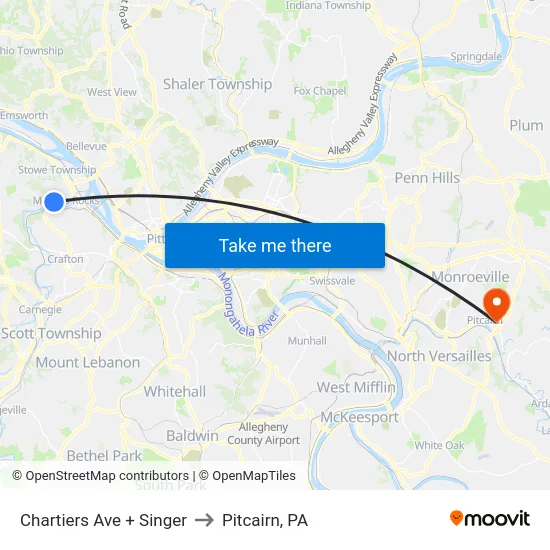 Chartiers Ave + Singer to Pitcairn, PA map