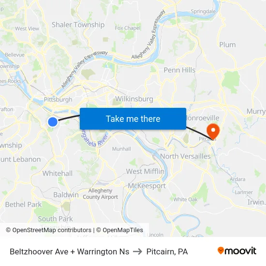 Beltzhoover Ave + Warrington Ns to Pitcairn, PA map